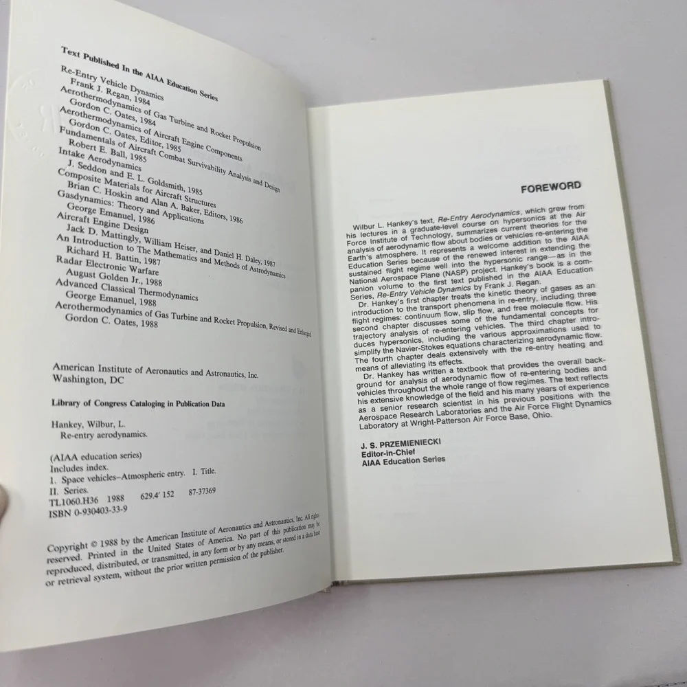 Re-Entry Aerodynamics Wilbur L Hankey AIAA Education Series 1988 ISBN 0930403339